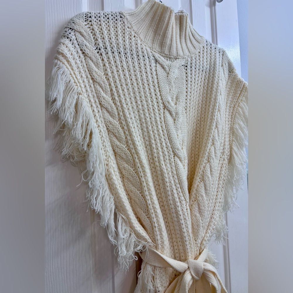 SAGE THE LABEL Fringed Cable-Knit Turtleneck Sweater in Ivory/Cream - Picture 3 of 16